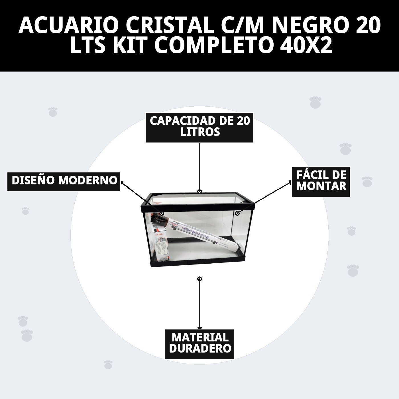 ACUARIO CRISTAL C/M NEGRO 20 LTS KIT COMPLETO 40X2