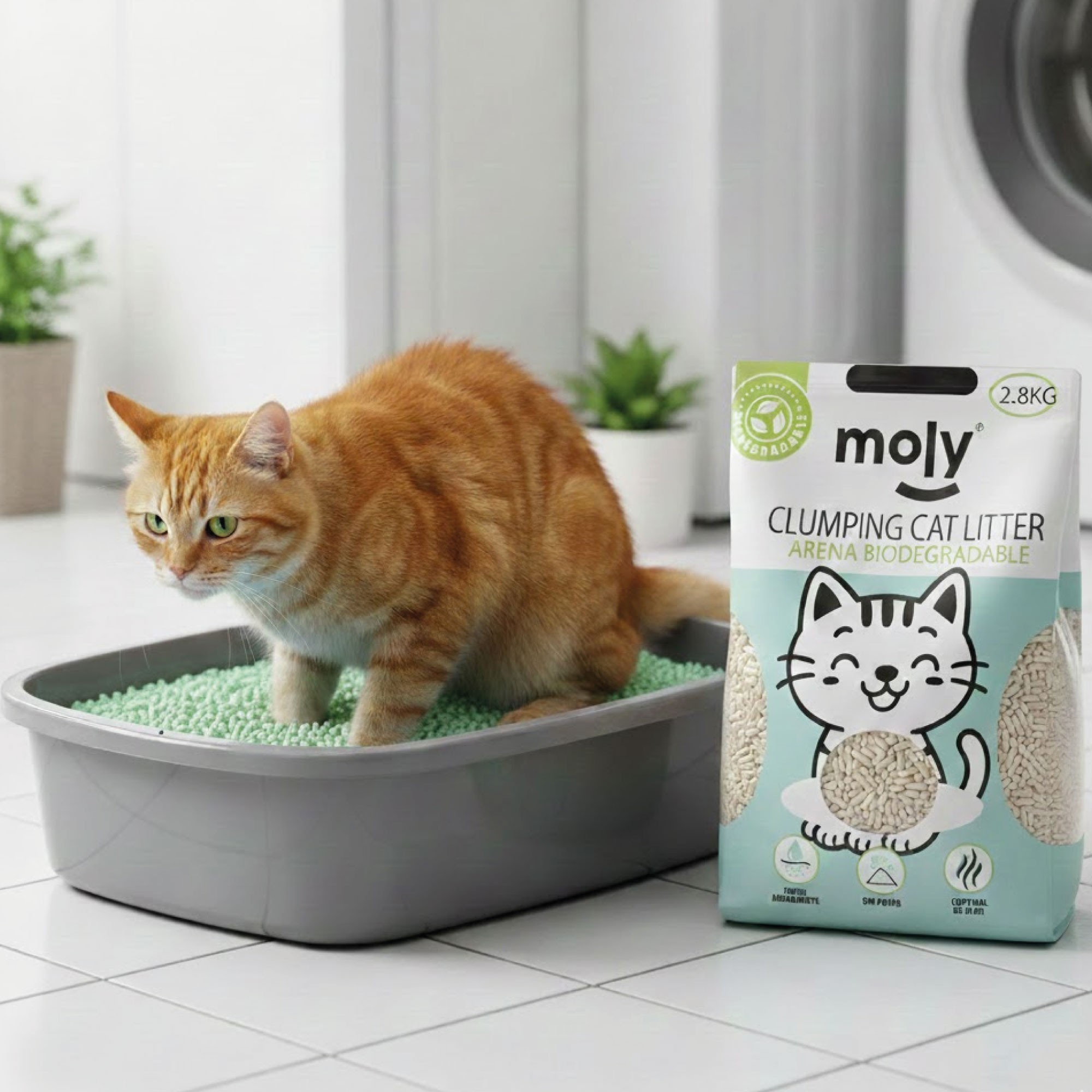 Arena de Tofu bambú y maiz Carbón Activo-Biodegradable para Gatos 2,8 kg | Ecológica, Aglomerante y Natural – Moly-8,4 Litros