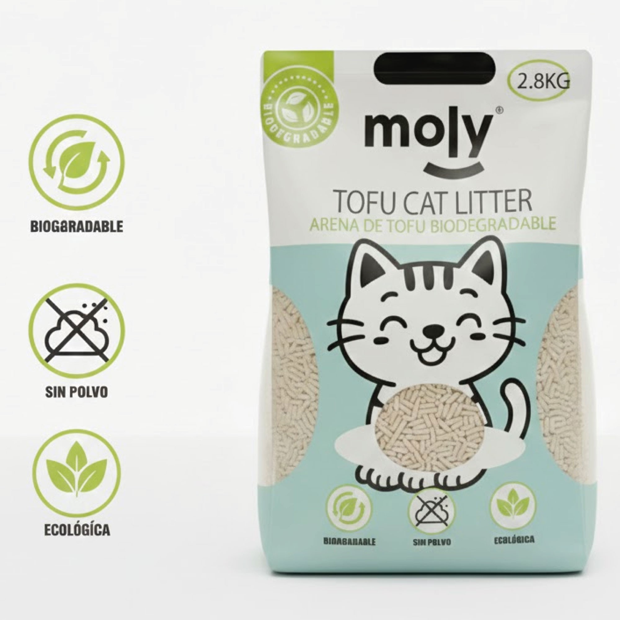 Arena para Gatos Tofu Talco 2,8 kg | Ecológica, Aglomerante y Natural – Moly- 8,4 Litros