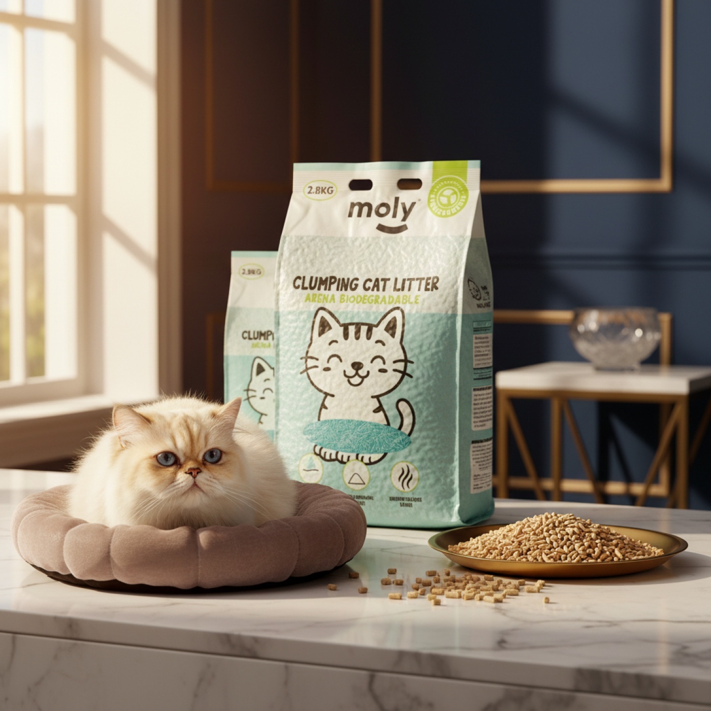 Arena para Gatos Tofu Talco 2,8 kg | Ecológica, Aglomerante y Natural – Moly- 8,4 Litros