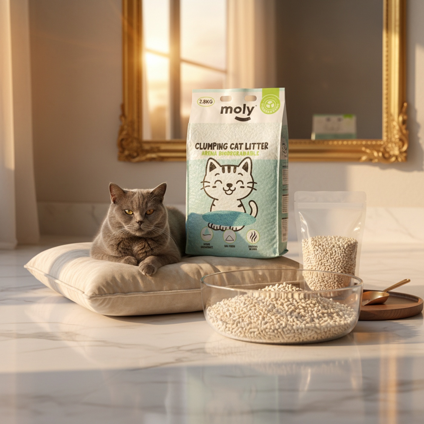Arena para Gatos Tofu Talco 2,8 kg | Ecológica, Aglomerante y Natural – Moly- 8,4 Litros