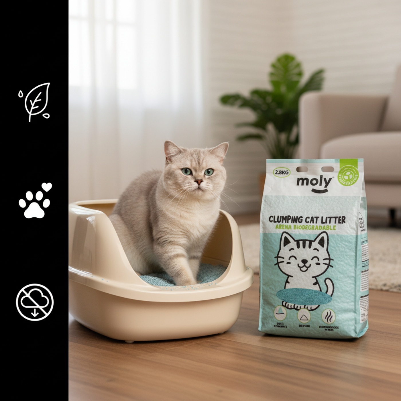 Arena para Gatos Tofu Talco 2,8 kg | Ecológica, Aglomerante y Natural – Moly- 8,4 Litros