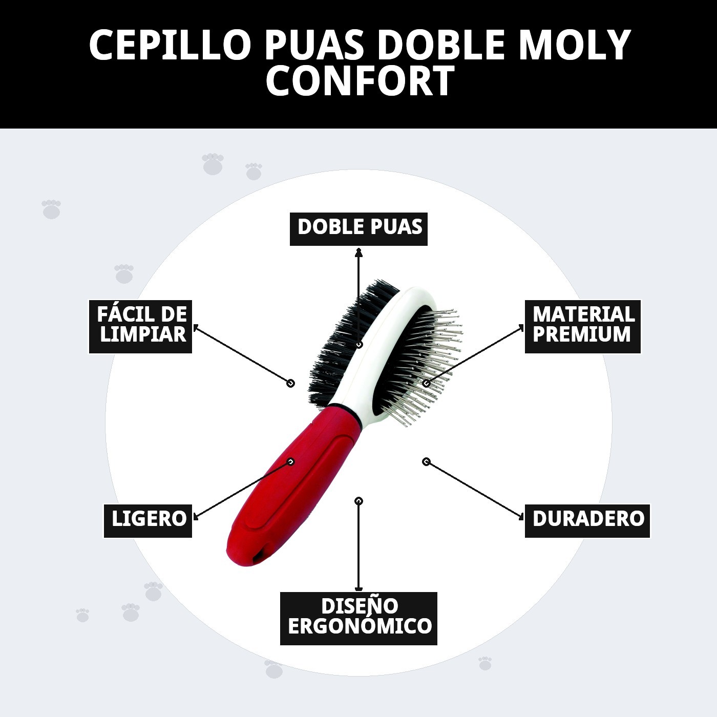 Cepillo de Púas Doble Moly Confort | Cepillado 2 en 1 para Desenredar y Suavizar el Pelaje