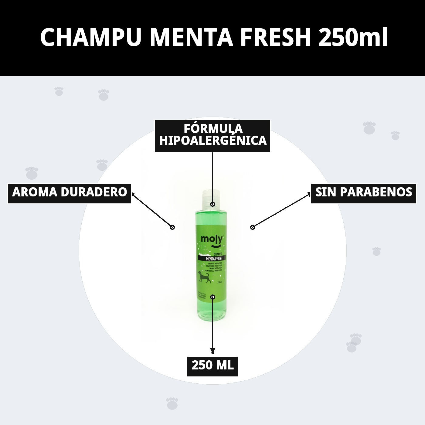 Champú Menta Fresh Repelente 250 ml Moly | Limpieza Refrescante y Suave para Perros de Todas las Razas