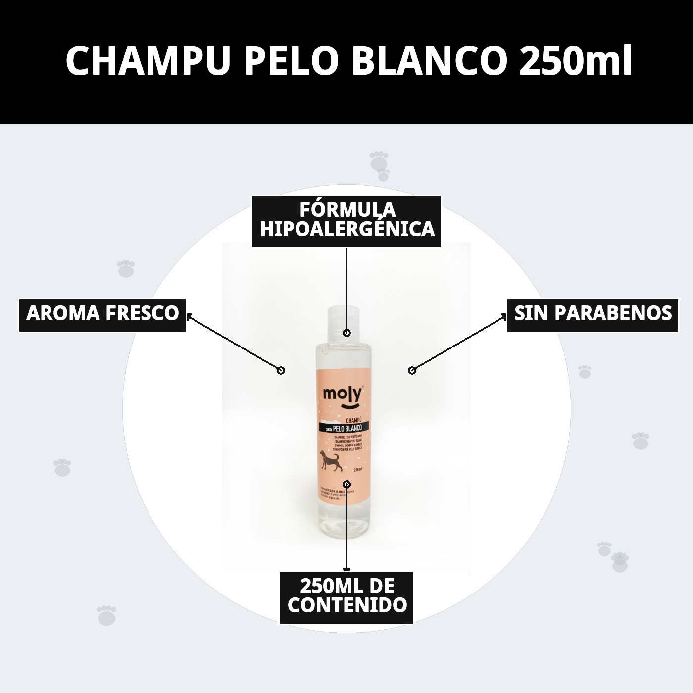 Champú Pelo Blanco 250 ml Moly | Ilumina, Desamarilla y Realza el Brillo del Pelaje Claro