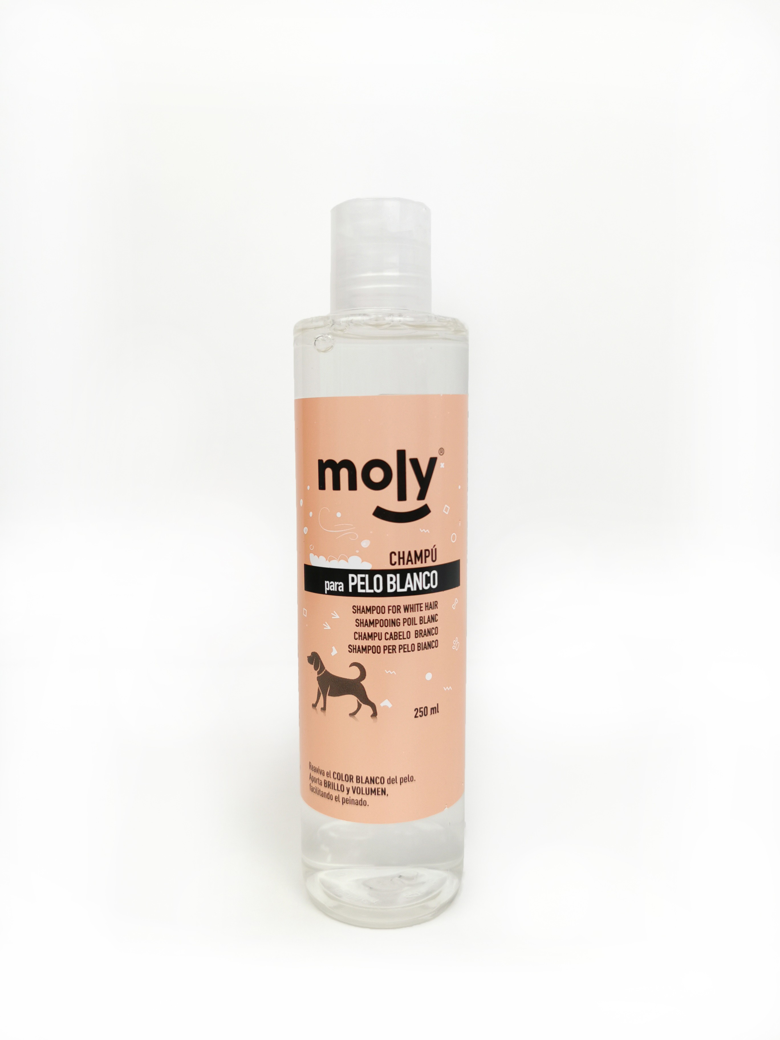 Champú Pelo Blanco 250 ml Moly | Ilumina, Desamarilla y Realza el Brillo del Pelaje Claro