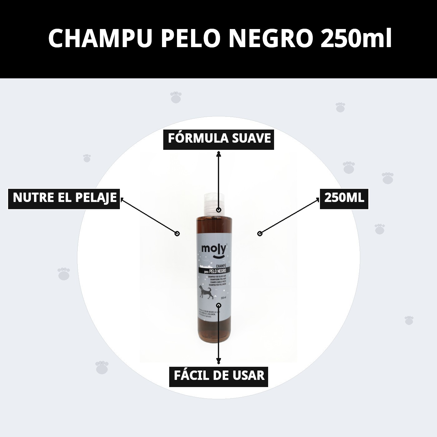 Champú Pelo Negro 250 ml Moly | Intensifica el Color y Aporta Brillo al Pelaje Oscuro