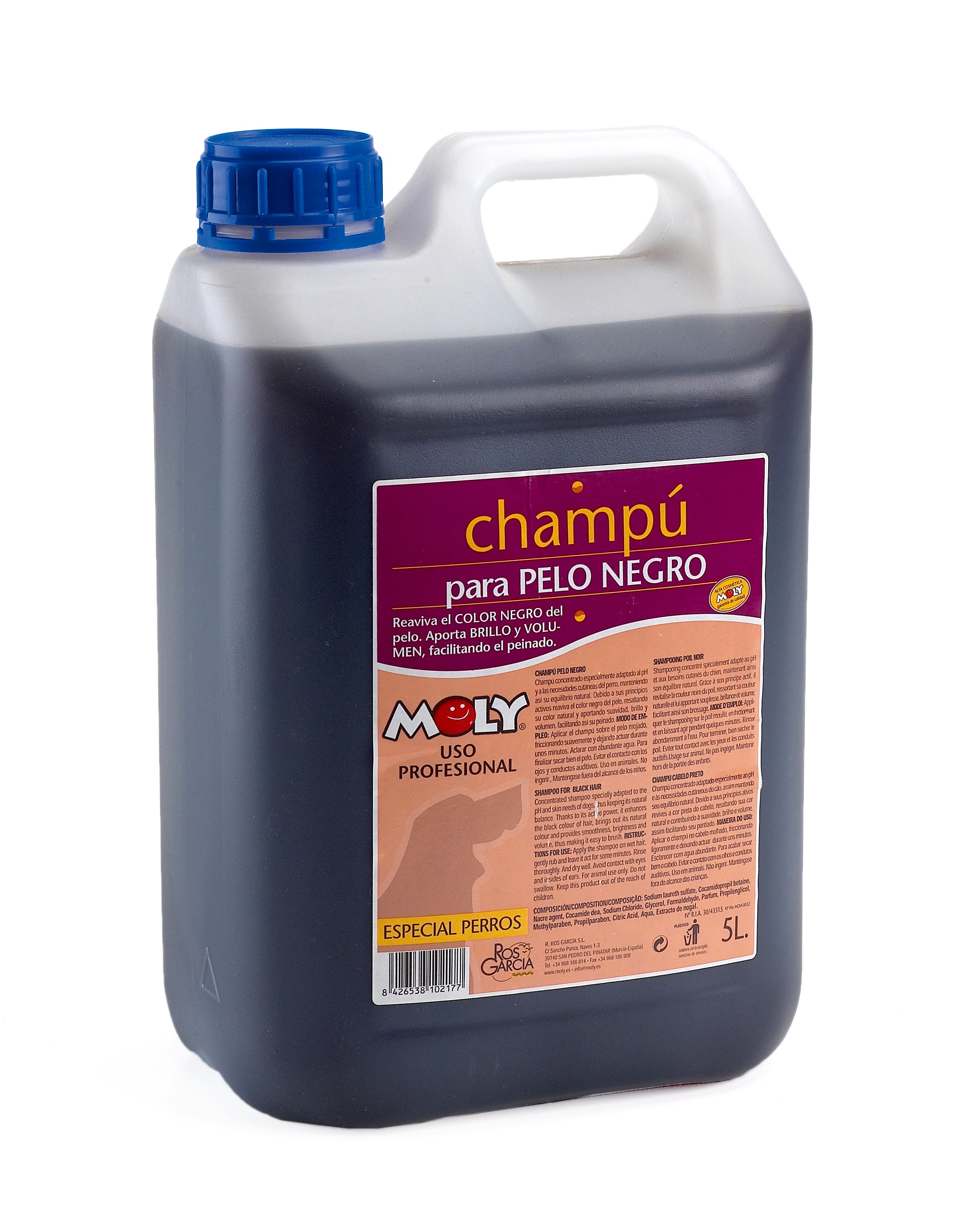Champú Pelo Negro 5 L Moly | Realza el Color, Brillo y Vitalidad del Pelaje Oscuro