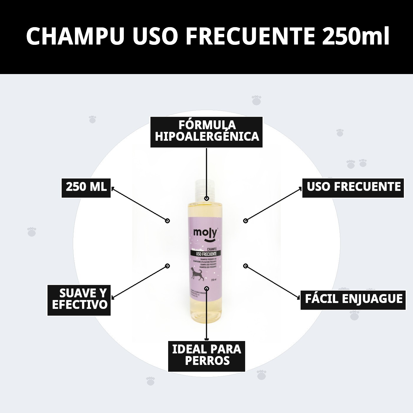 Champú Uso Frecuente 250 ml Moly | Limpieza Suave y Diaria para Todo Tipo de Perros