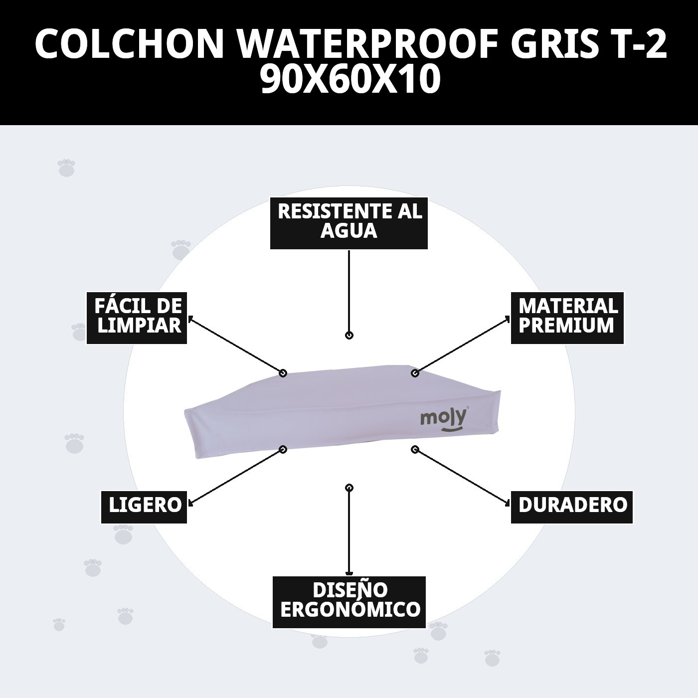 Colchón Waterproof Gris T-2 90×60×10 Moly | Cama Impermeable y Cómoda para Perros Medianos