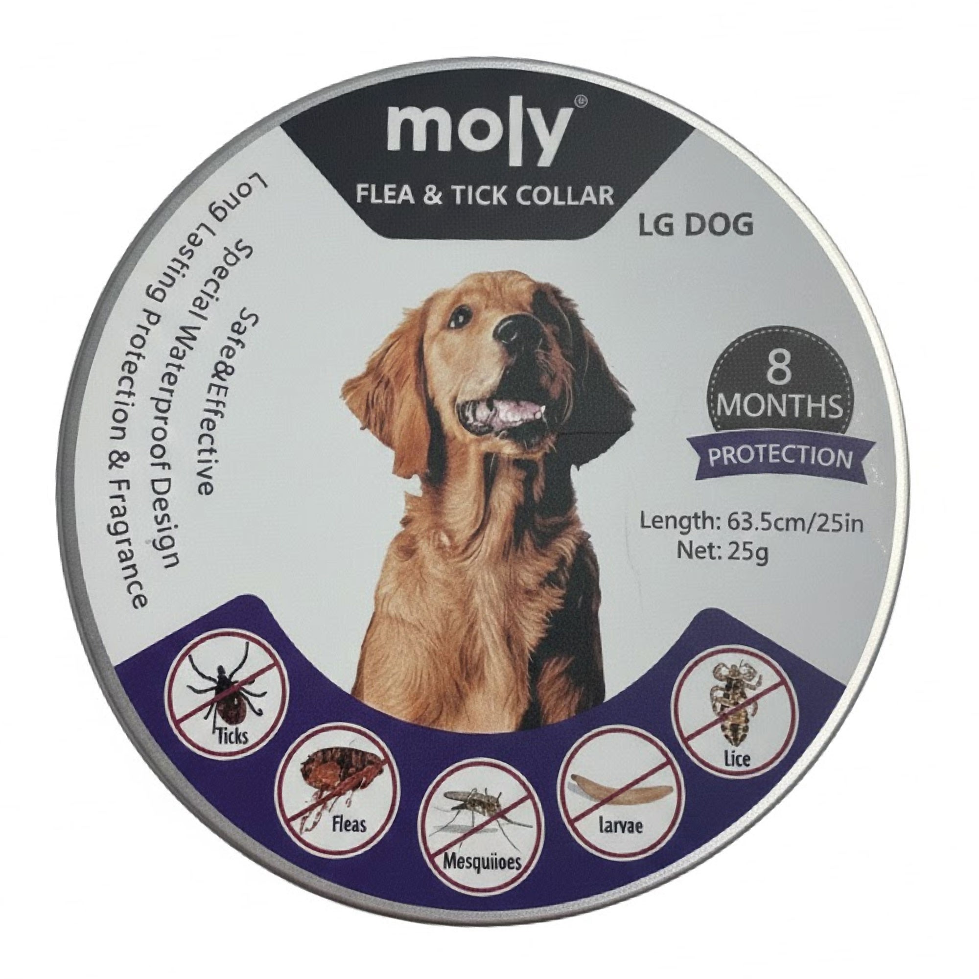 Collar Antiparasitario Moly para Perros y Gatos Medianos y Grandes 62,5 cm | Pack 2 Unidades | Protección Natural 8 Meses