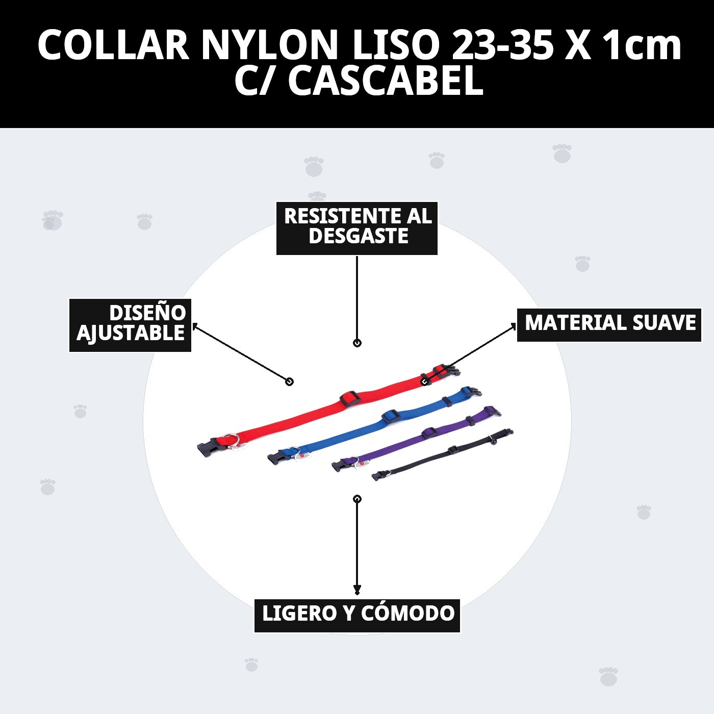 COLLAR NYLON LISO 23-35 X 1cm C/ CASCABEL