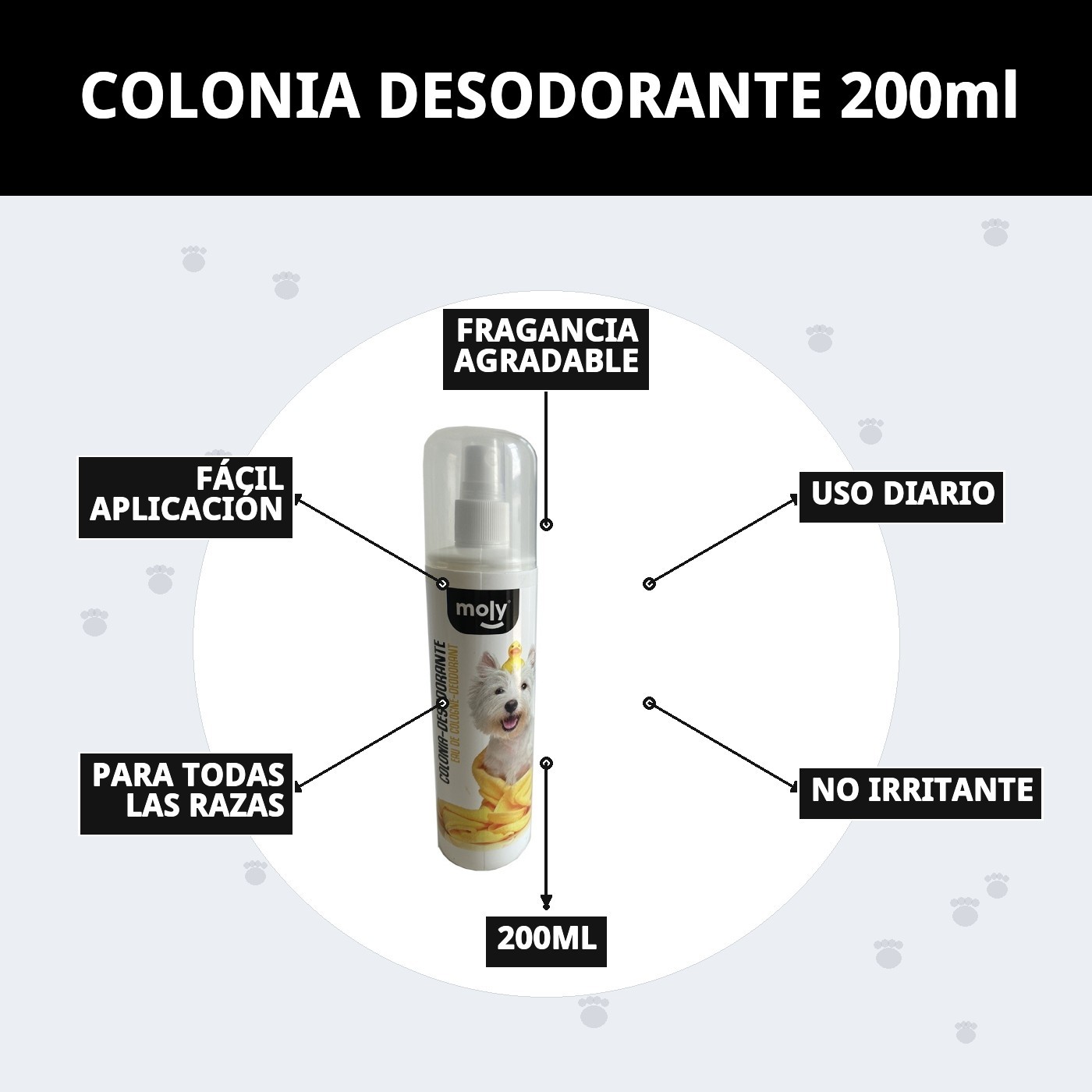 Colonia Desodorante 200 ml Moly | Frescura Duradera y Aroma Suave para Perros