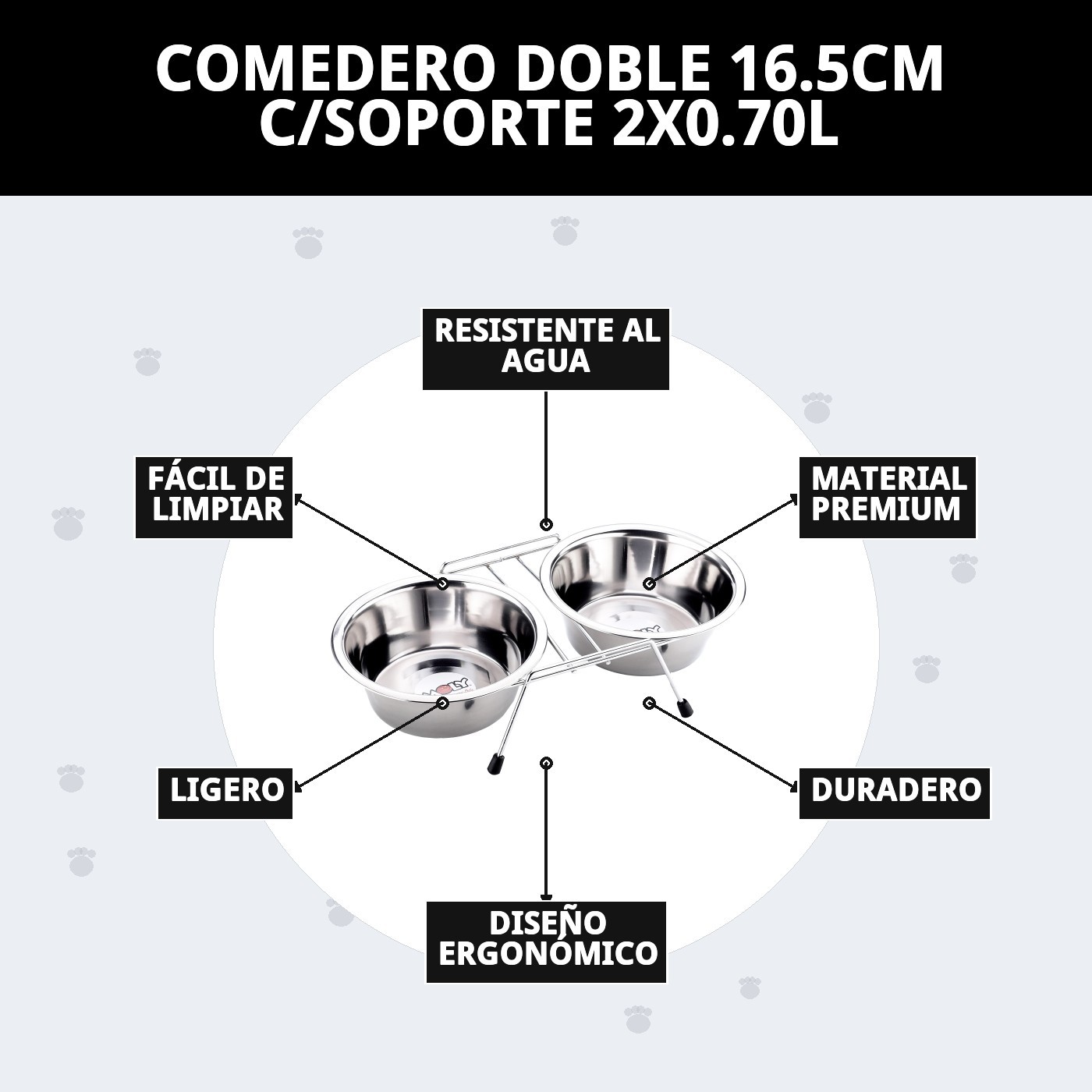 COMEDERO DOBLE 16.5CM C/SOPORTE 2X0.70L