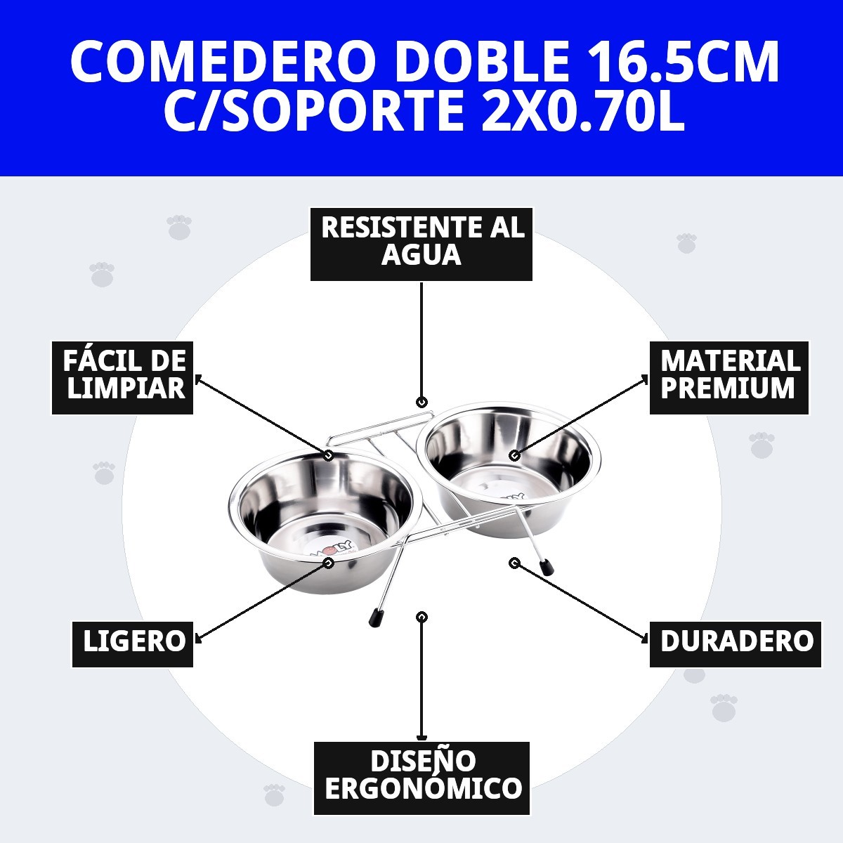 COMEDERO DOBLE 16.5CM C/SOPORTE 2X0.70L