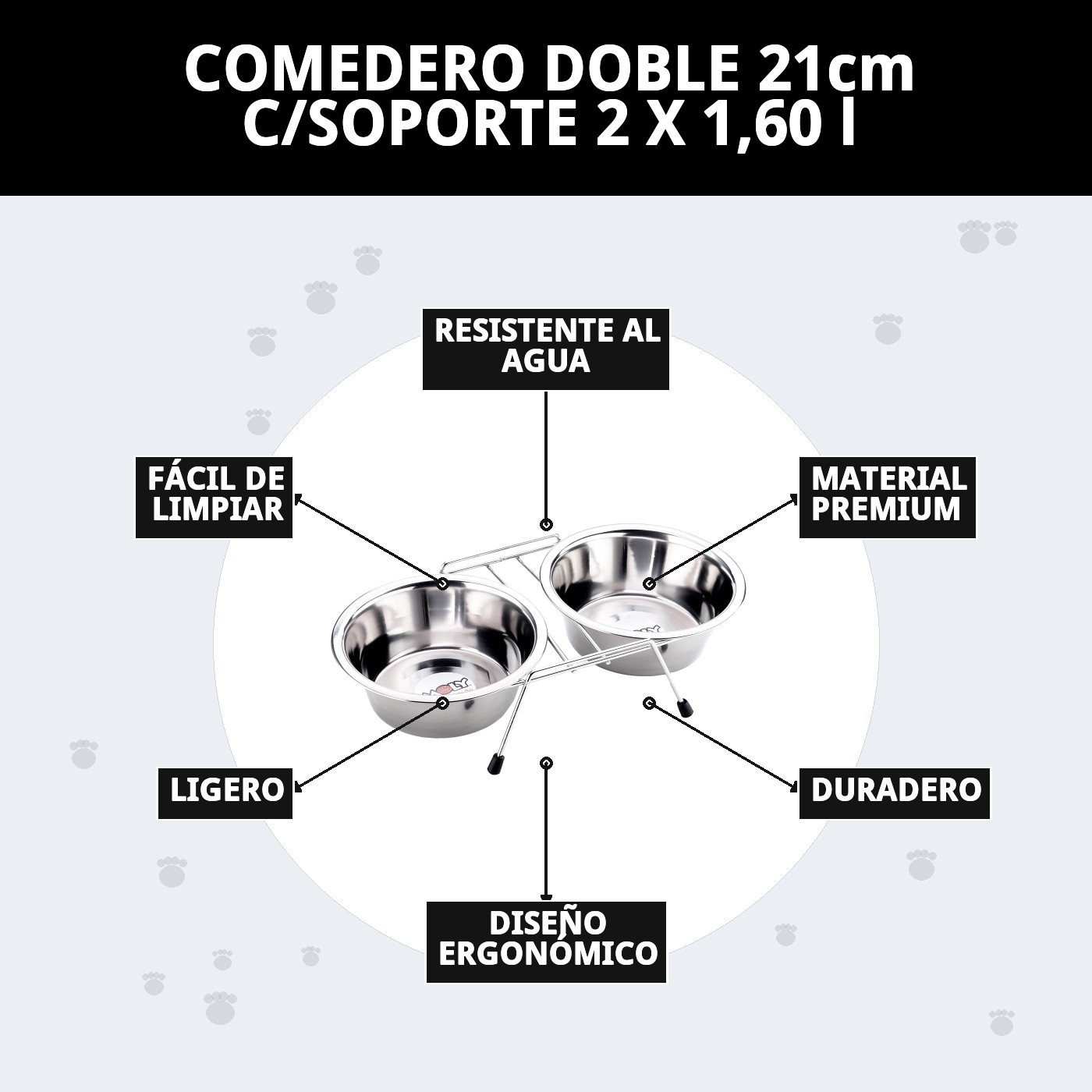 COMEDERO DOBLE 21cm C/SOPORTE 2 X 1,60 l