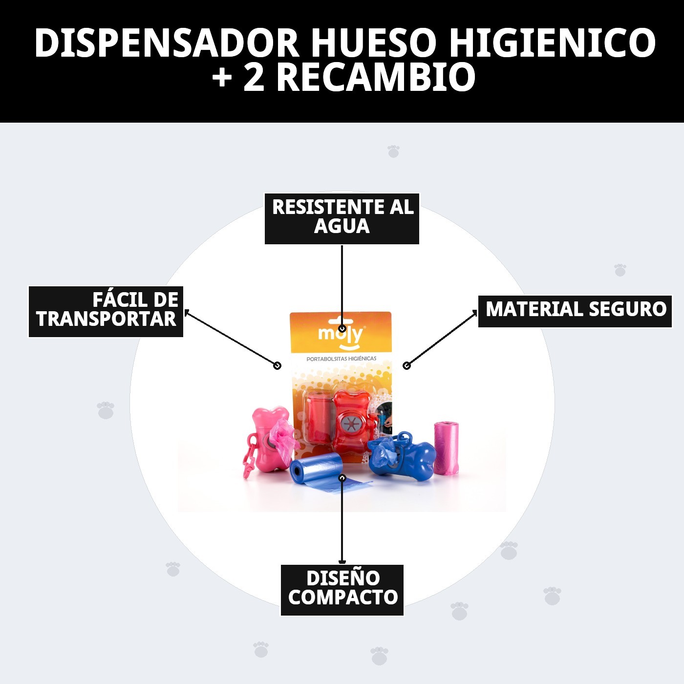 Dispensador Higiénico en Forma de Hueso + 2 Recambios (40 Bolsas) Moly | Portabolsas Práctico para Paseos