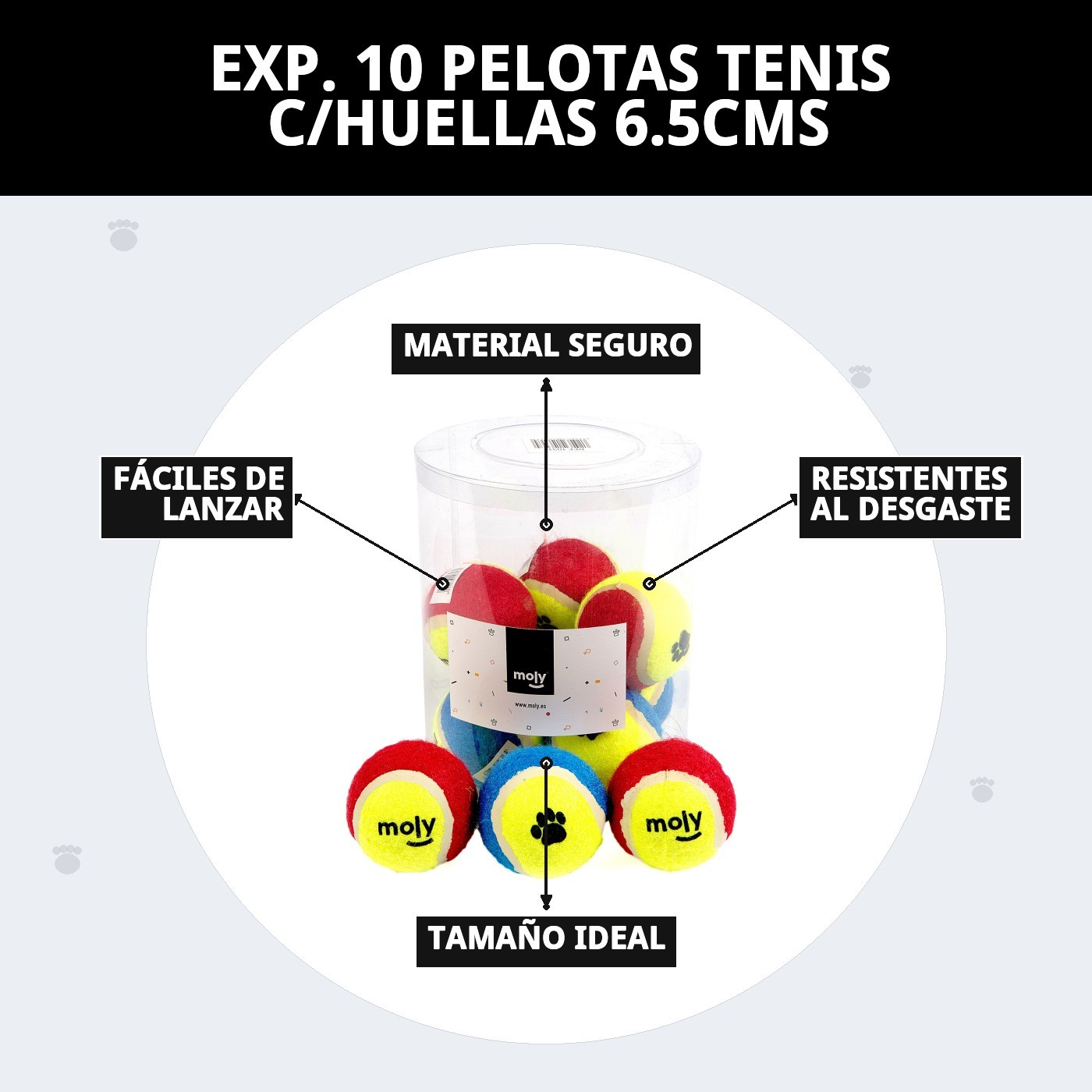 EXP. 10 PELOTAS TENIS C/HUELLAS 6.5CMS