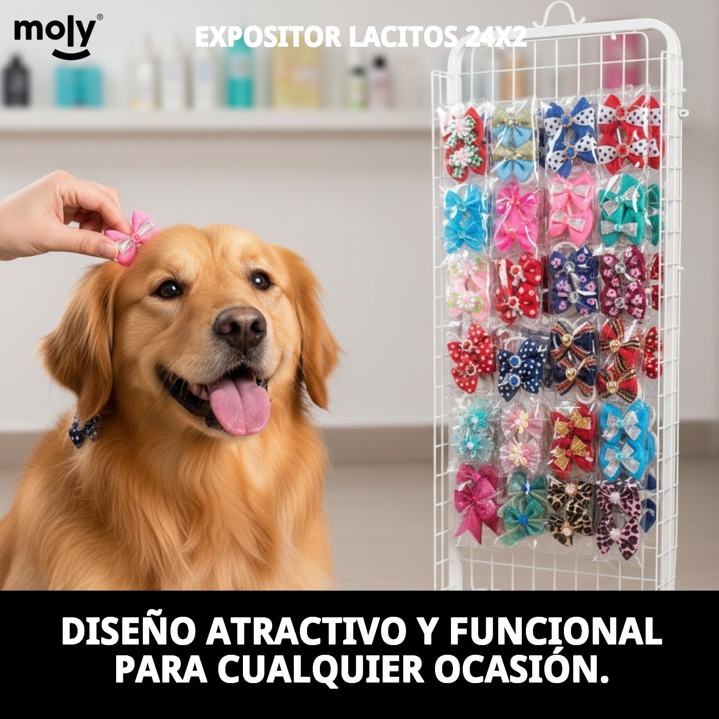 Expositor Lacitos Moly 24 Unidades x2 | Accesorios para el Pelo de Perros con Diseños Elegantes y Coloridos