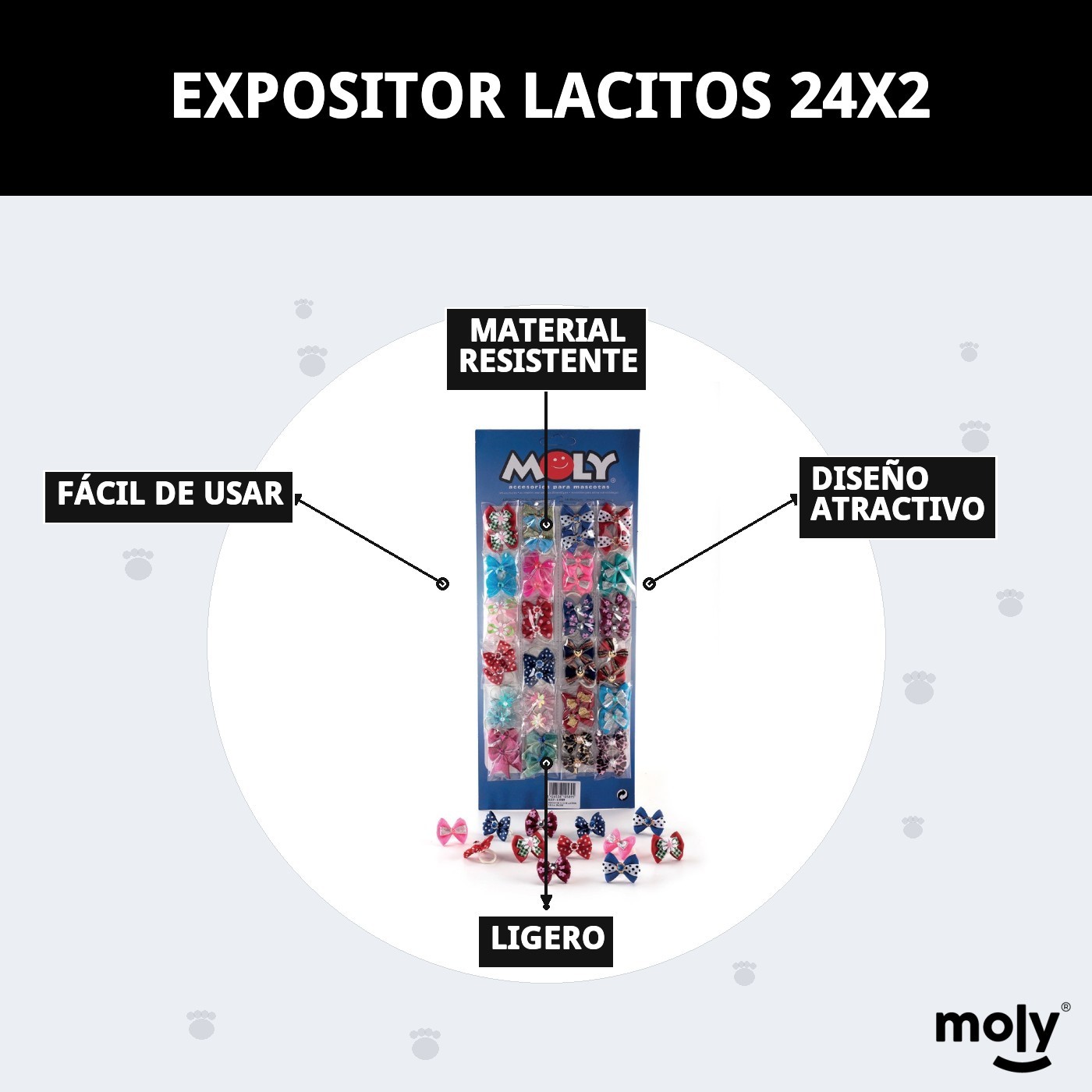 Expositor Lacitos Moly 24 Unidades x2 | Accesorios para el Pelo de Perros con Diseños Elegantes y Coloridos