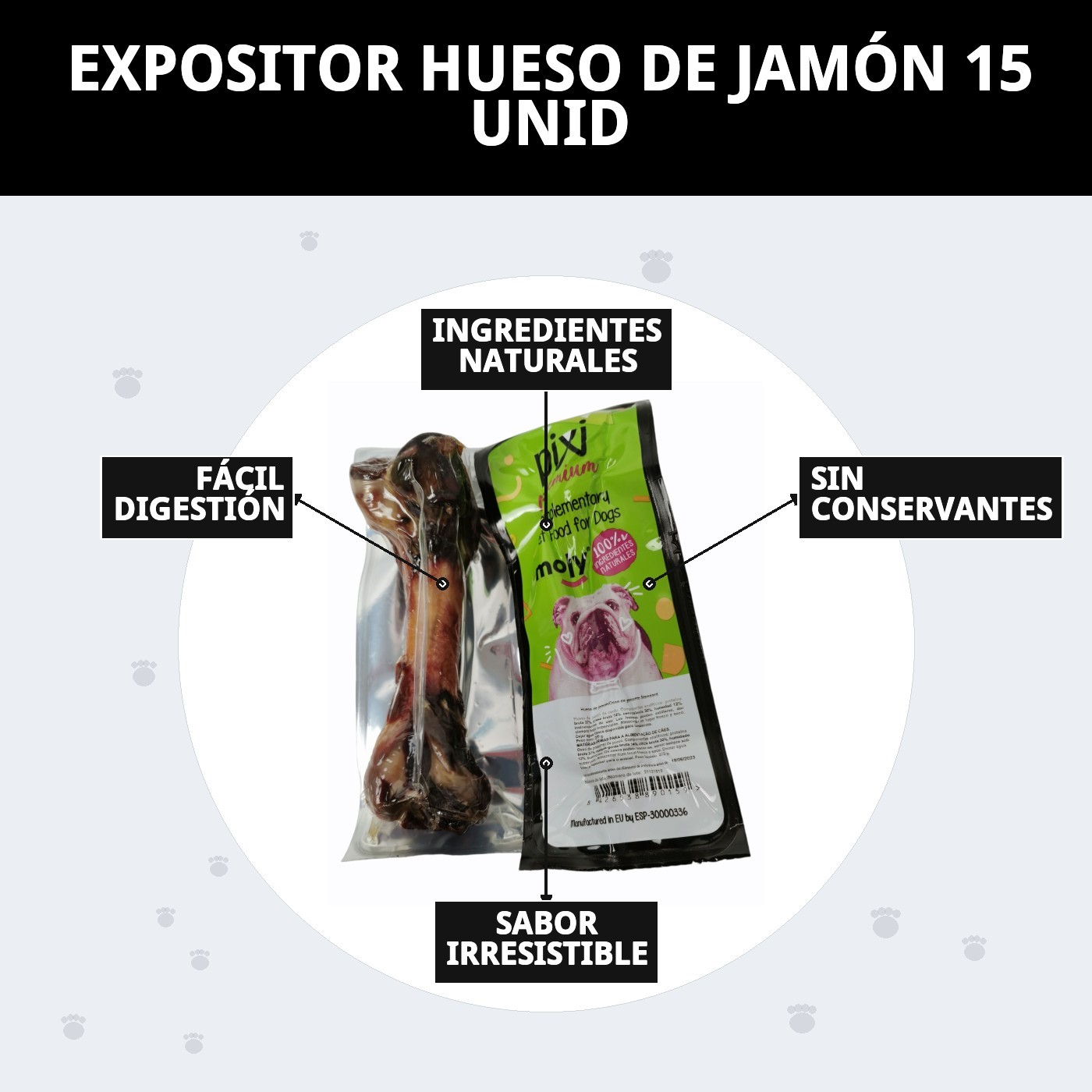 Expositor Moly con 15 Huesos de Jamón | Snack Natural y Duradero para Perros