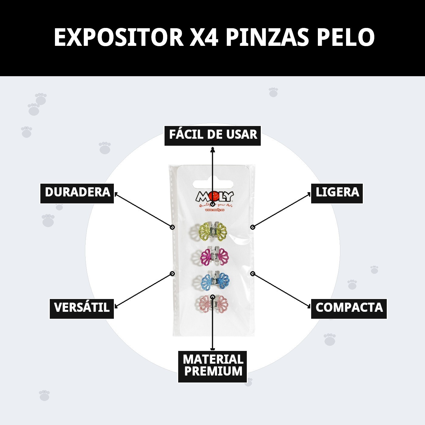 Expositor Moly con 4 Pinzas de Pelo para Perros | Accesorios Resistentes y Coloridos para Grooming