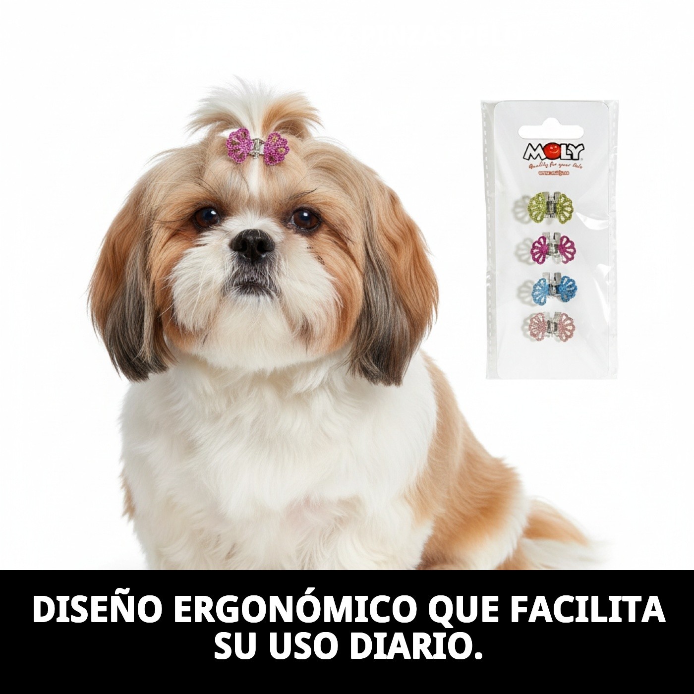 Expositor Moly con 4 Pinzas de Pelo para Perros | Accesorios Resistentes y Coloridos para Grooming