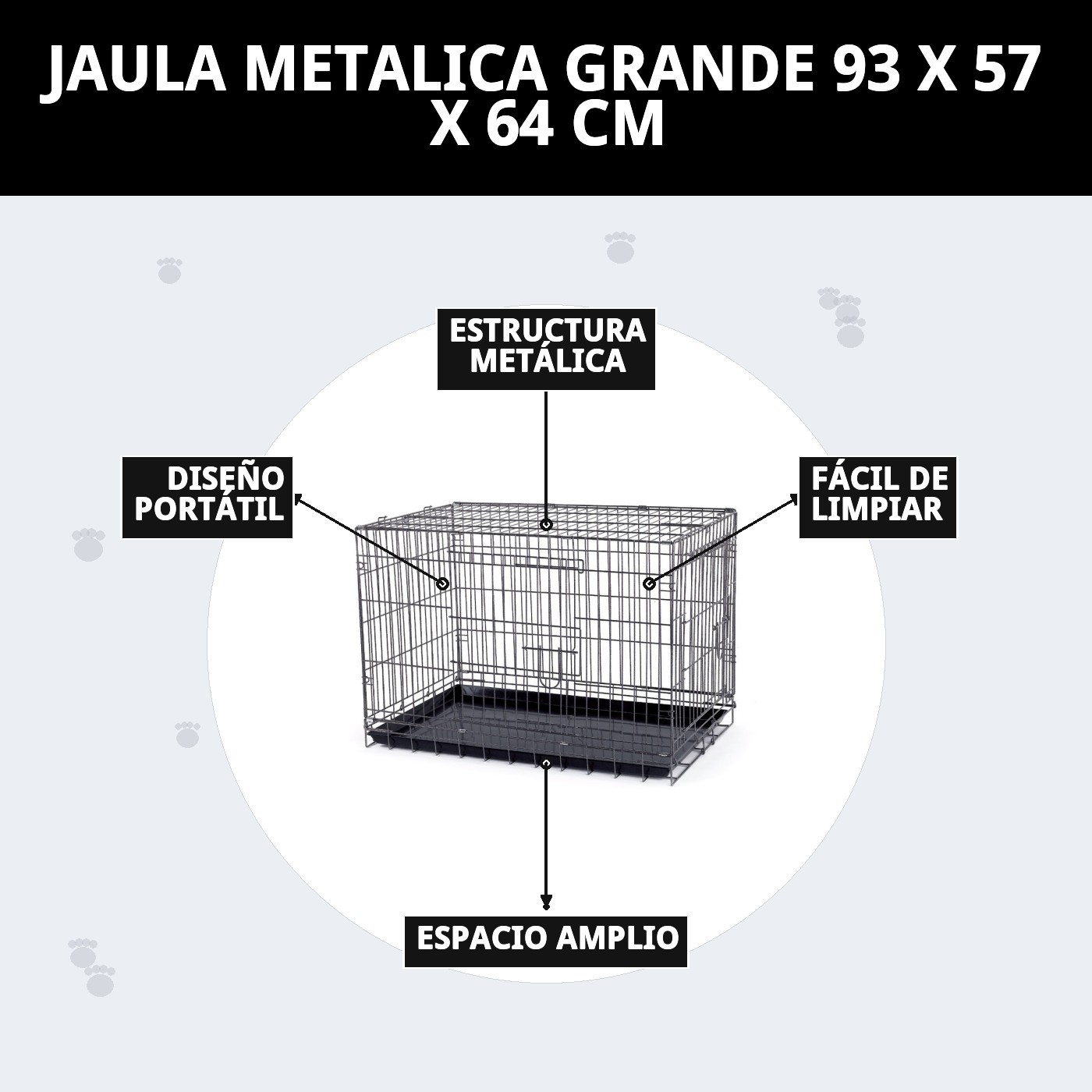 Jaula Metálica Grande para Perros 93×57×64 cm Moly | Resistente, Segura y Plegable