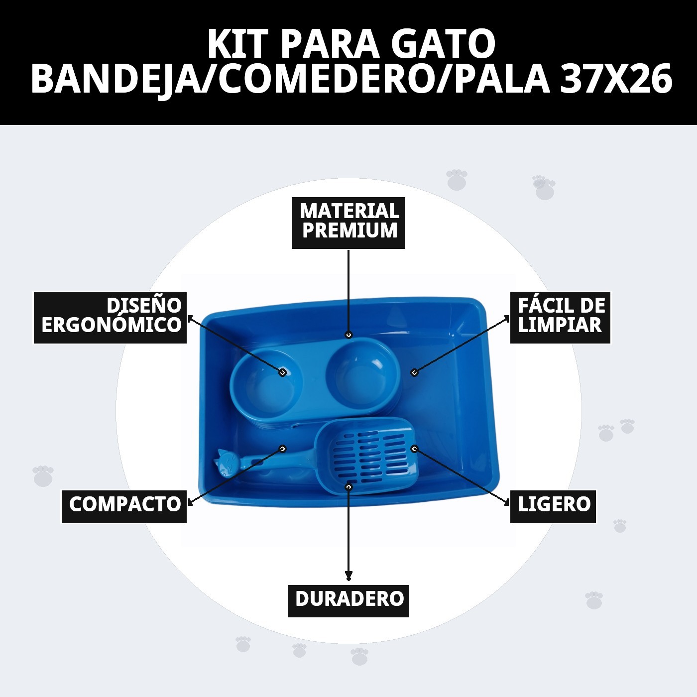 KIT PARA GATO BANDEJA/COMEDERO/PALA 37X26