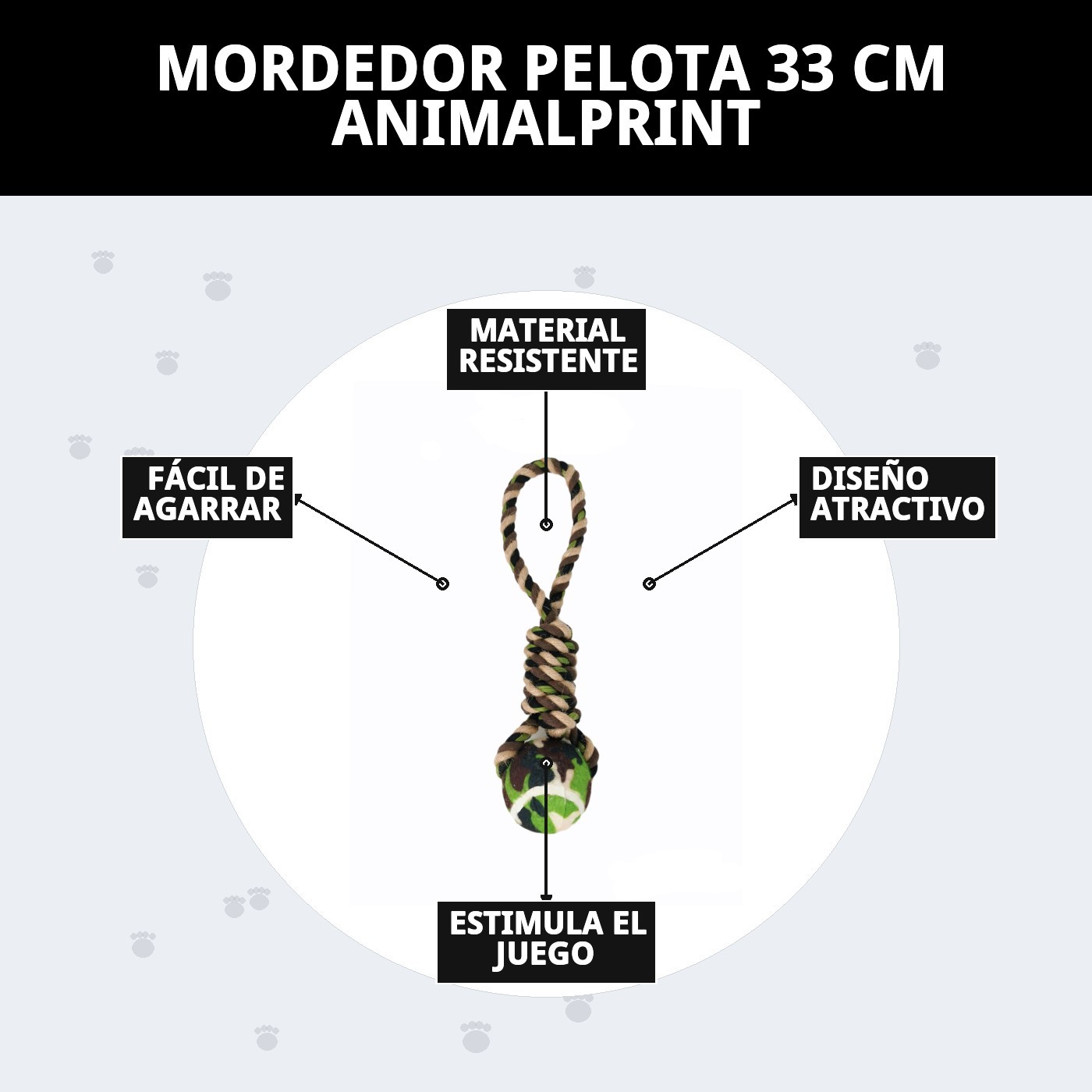 Mordedor Pelota Animalprint 33 cm Moly | Juguete Resistente con Cuerda para Morder y Jugar
