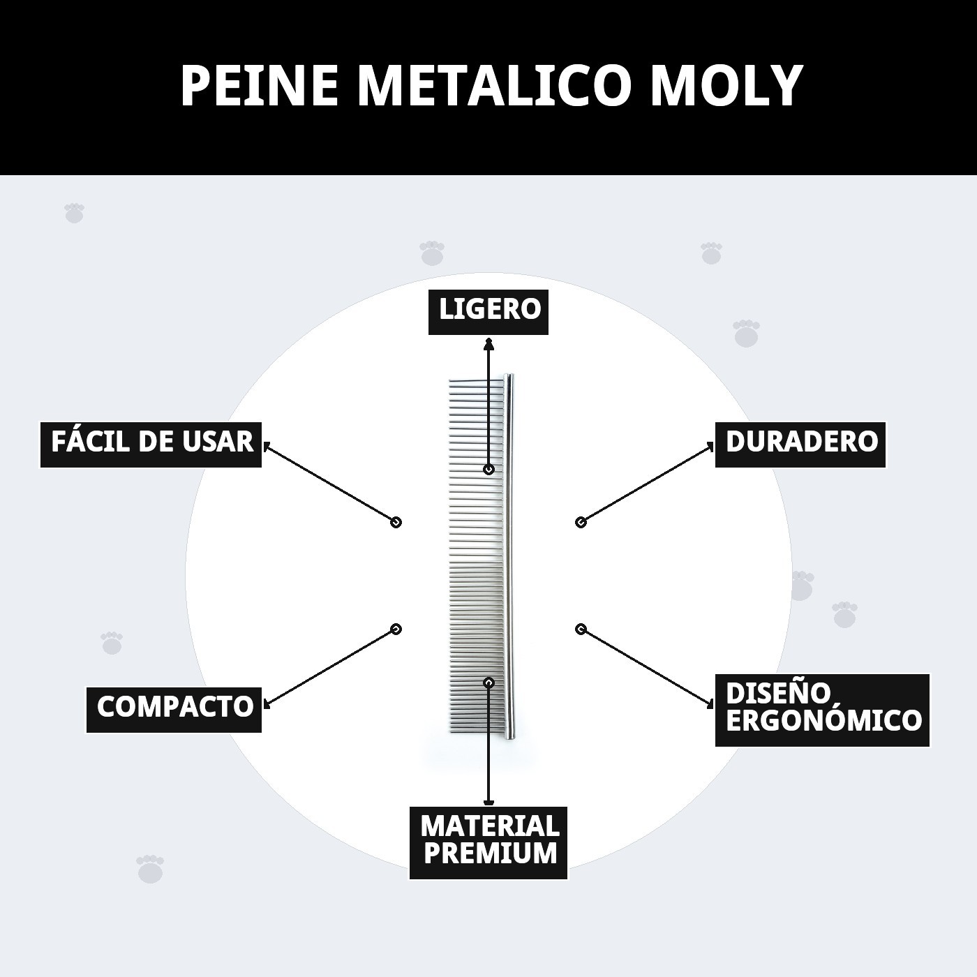 Peine Metálico Moly | Peine Profesional para Desenredar y Definir el Pelaje de Perros y Gatos