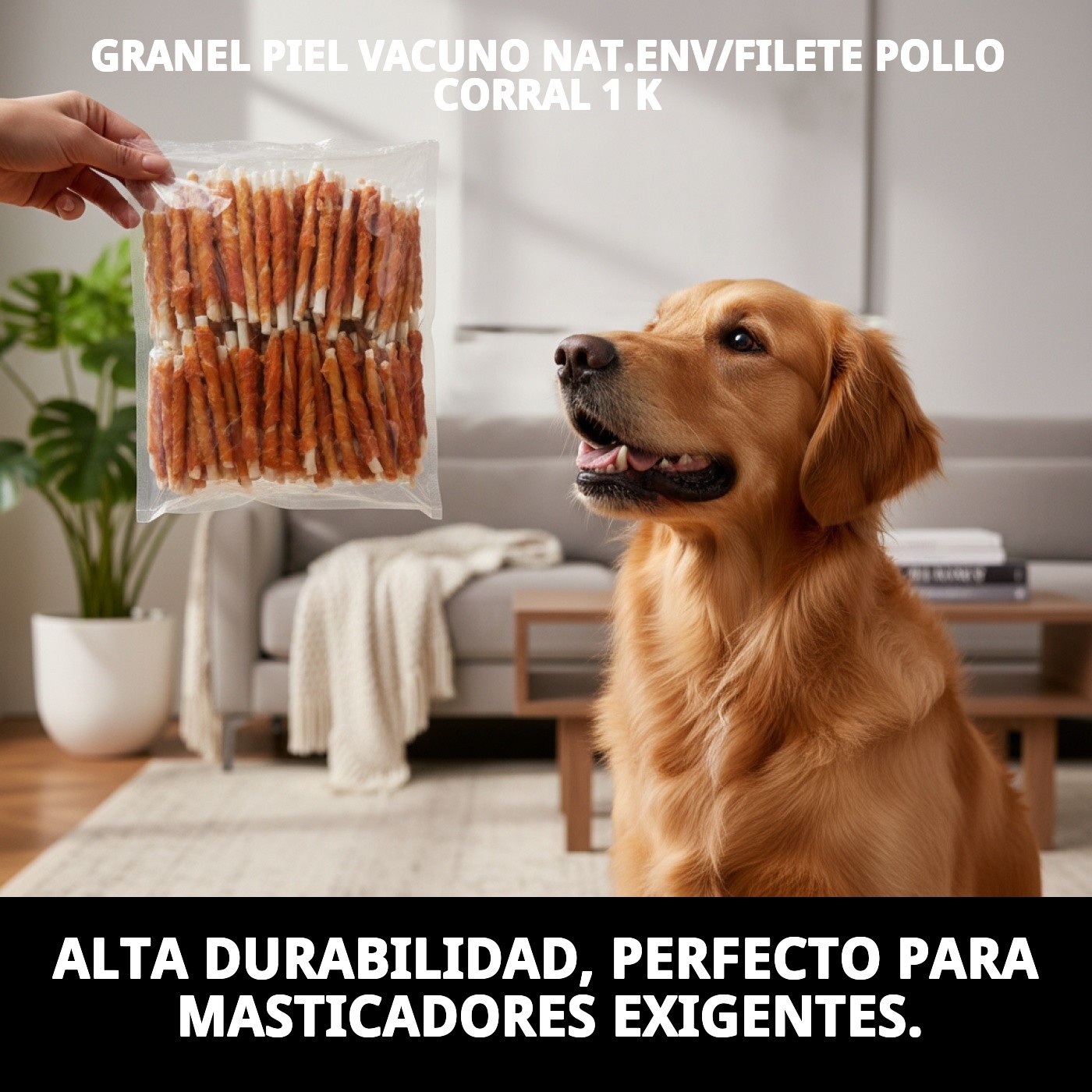 Piel de Vacuno Natural con Filete de Pollo de Corral 1 kg | Snack Natural en Granel para Perros | Alta Proteína Moly