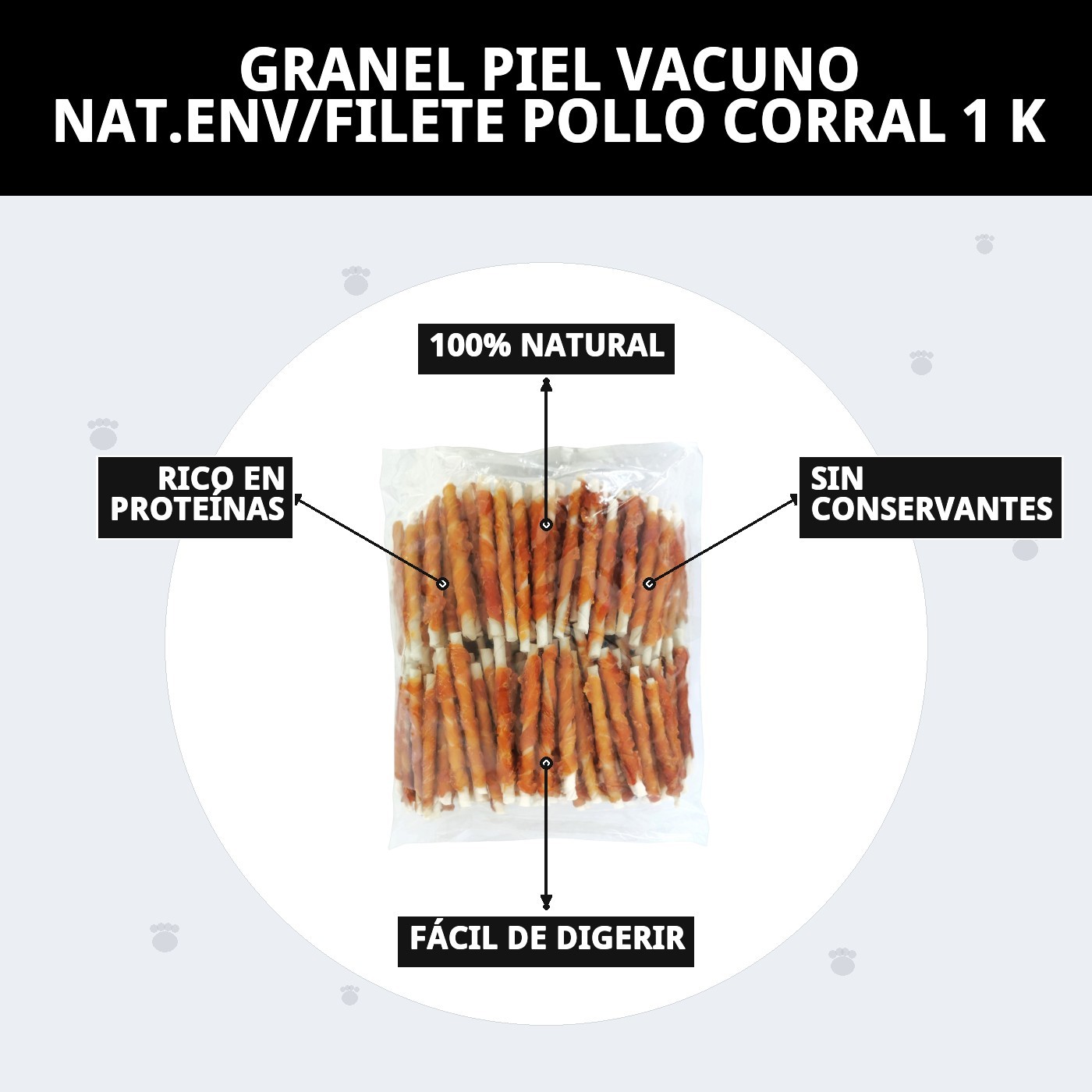 Piel de Vacuno Natural con Filete de Pollo de Corral 1 kg | Snack Natural en Granel para Perros | Alta Proteína Moly