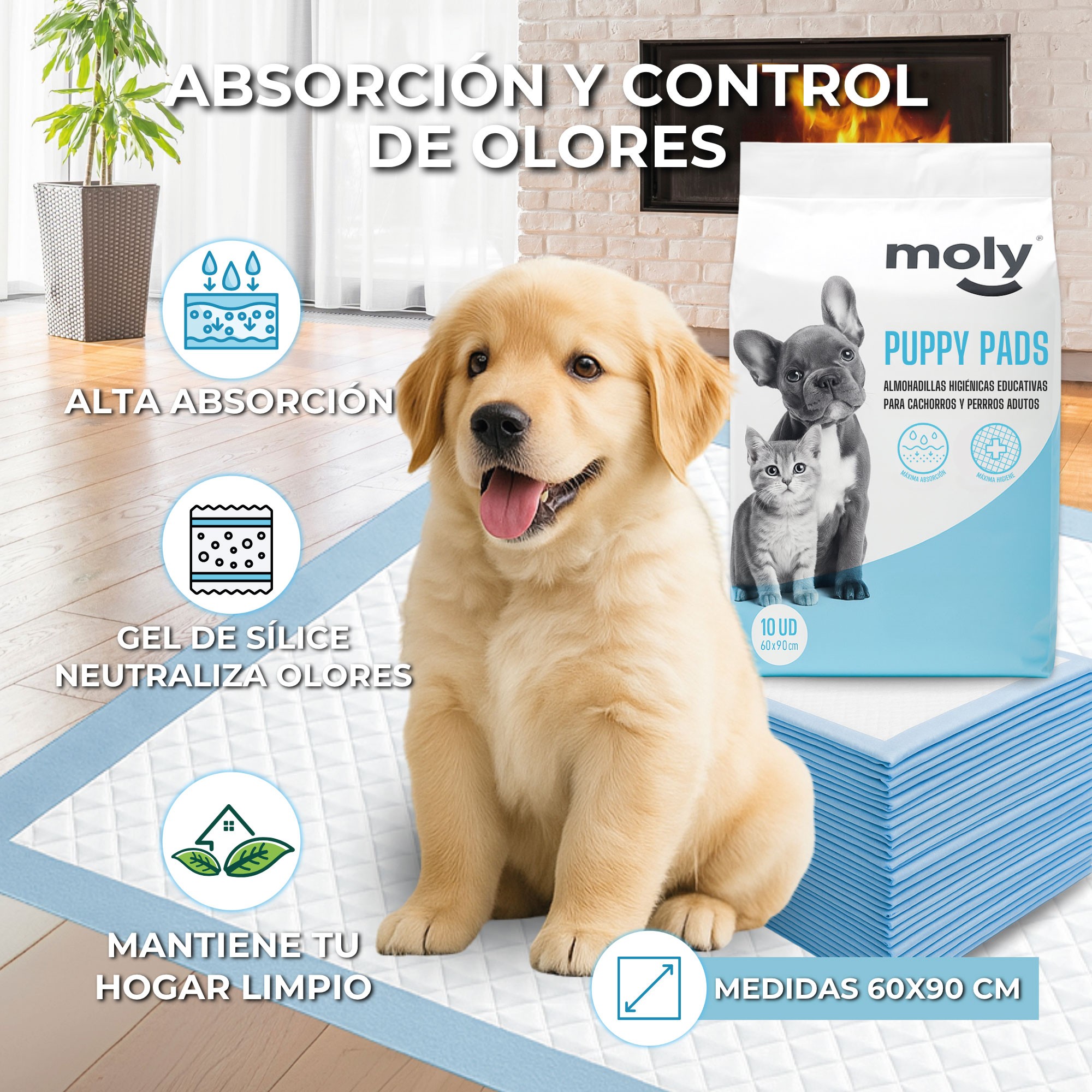 Puppy Pads Grandes 60x90 cm Moly | Empapadores Ultra Absorbentes para Perros – Pack 10 uds